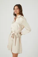 Women's Satin Tie-Waist Mini Shirt Dress in Cream Small