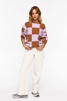 Women's Fuzzy Checkered Sweater in Purple/Brown Large