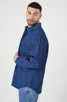 Men Denim Curved-Hem Shirt in Dark Denim Medium