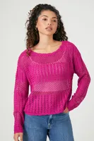 Women's Sheer Crochet Knit Sweater in Fuchsia Large