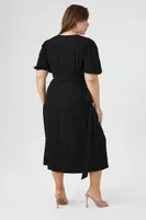 Women's Puff-Sleeve Midi Wrap Dress in Black, 3X