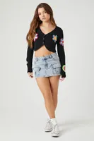 Women's Cropped Floral Cardigan Sweater in Black Medium