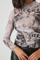 Women's Abstract Print One-Sleeve Mesh Top in Grey Small