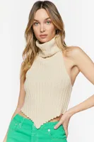 Women's Ribbed Turtleneck Halter V-Hem Top in Cream Large