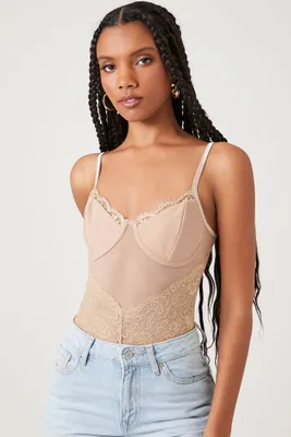 Women's Eyelash Lace Bustier Bodysuit in Mocha Small