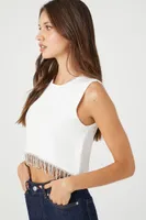 Women's Sweater-Knit Rhinestone Crop Top in White Small