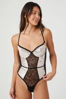 Women's Velvet Lace-Trim Lingerie Bodysuit in Winter Wheat/Black Small