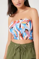 Women's Tropical Print Smocked Tube Top in Blue Medium