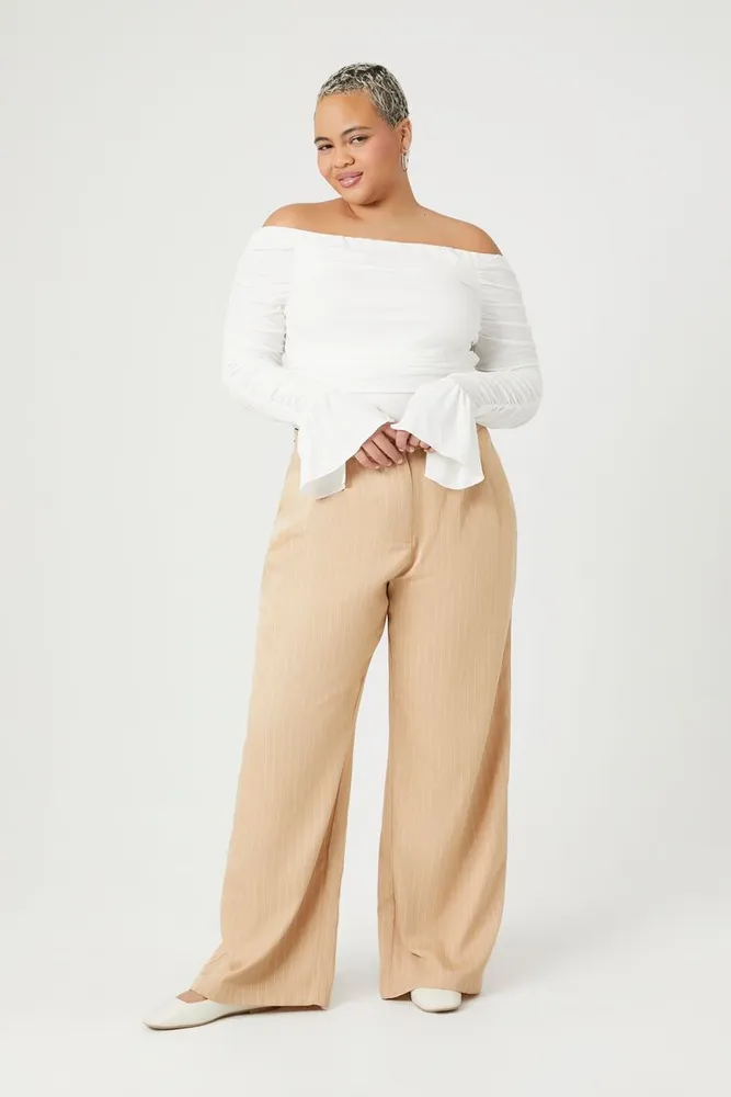 Women's Pinstriped Trouser Pants in Khaki/White, 0X