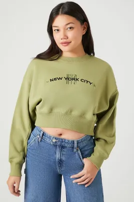 Women's Cropped New York City Pullover in Olive Medium