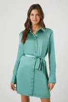 Women's Satin Tie-Waist Mini Shirt Dress in Stone Blue Small