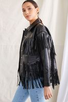 Women's Faux Leather Fringe Moto Jacket in Black Small