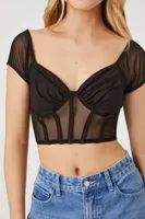 Women's Sheer Mesh Crop Top in Black, XL