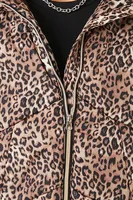 Women's Leopard Print Quilted Puffer Jacket in Brown Small