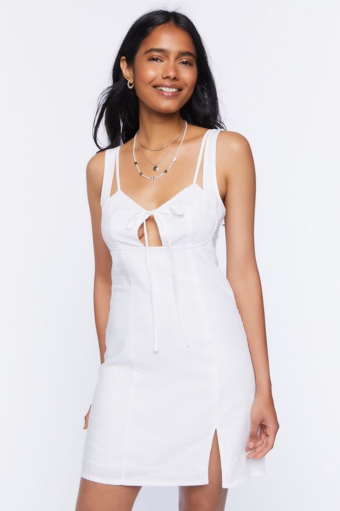 Women's Linen-Blend Tie-Front Mini Dress in White Small