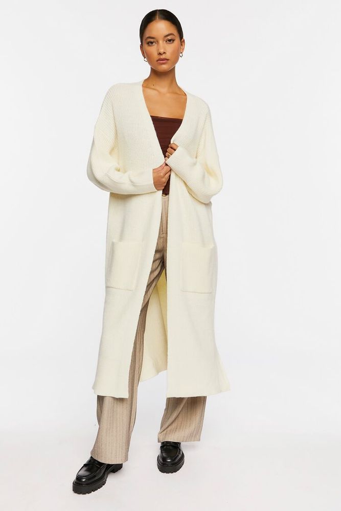 Forever 21 Women's Open-Front Longline Cardigan Sweater in Cream