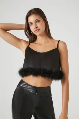 Women's Fur-Trim Cropped Cami in Black Medium