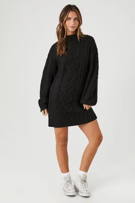 Women's Cable Knit Sweater Mini Dress in Black, XL