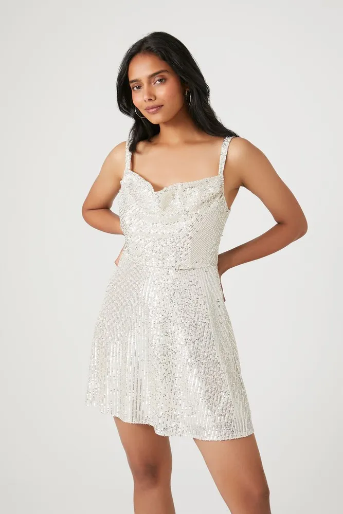 Women's Sequin Cowl Neck Mini Dress in Champagne/Silver Small