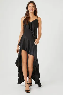 Women's Satin Ruffle High-Low Dress in Black Small