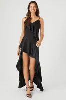 Women's Satin Ruffle High-Low Dress in Black Small