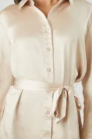 Women's Satin Tie-Waist Mini Shirt Dress in Cream Small