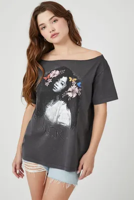 Women's Off-the-Shoulder HER Graphic T-Shirt in Charcoal Small