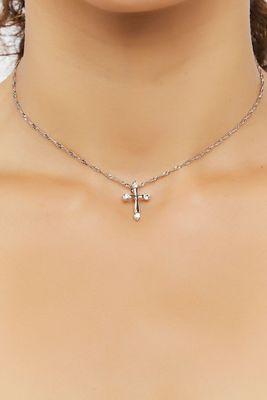 Women's Faux Gem Cross Pendant Necklace in Clear/Silver