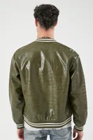 Men Faux Croc Varsity Bomber Jacket in Olive Small