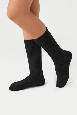 Pointelle Knit Crew Socks in Black