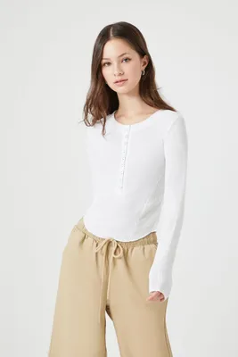 Women's Ribbed Henley Crop Top in White Small