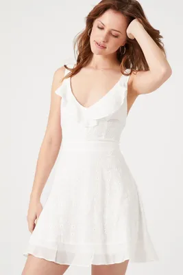 Women's Eyelet Crisscross Mini Dress in White Large