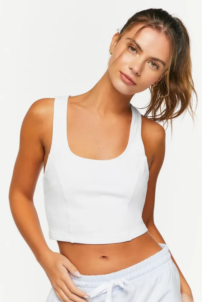 Forever 21 Women's Active Cropped Racerback Tank Top in White, XS