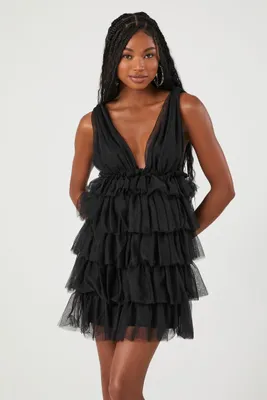 Women's Tiered Ruffle Mini Dress in Black Large