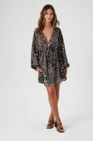 Women's Satin Paisley Plunging V-Neck Mini Dress in Black Small