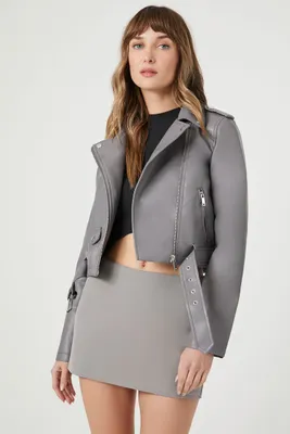 Women's Faux Leather Cropped Moto Jacket in Grey Medium
