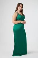 Women's Lace-Trim Satin Maxi Dress in Hunter Green, 1X