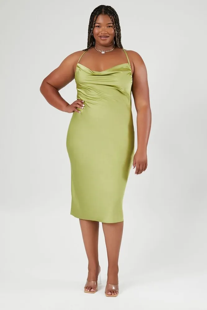 Women's Satin Cowl-Neck Midi Dress in Sage, 1X