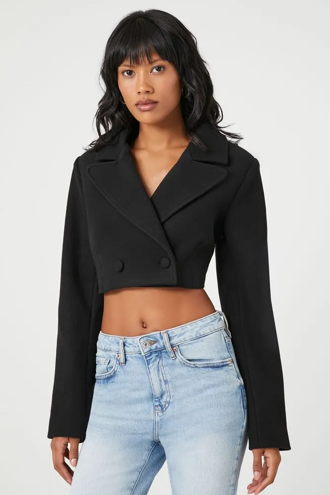 Women's Double-Breasted Cutout Cropped Blazer in Black Small