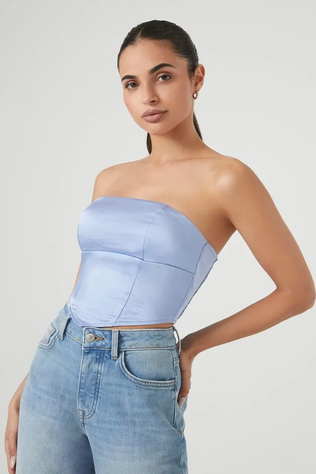 Forever 21 Women's Cropped Satin Tube Top in Blue Medium