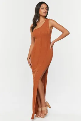 Women's Ribbed One-Shoulder Maxi Dress in Rust Medium