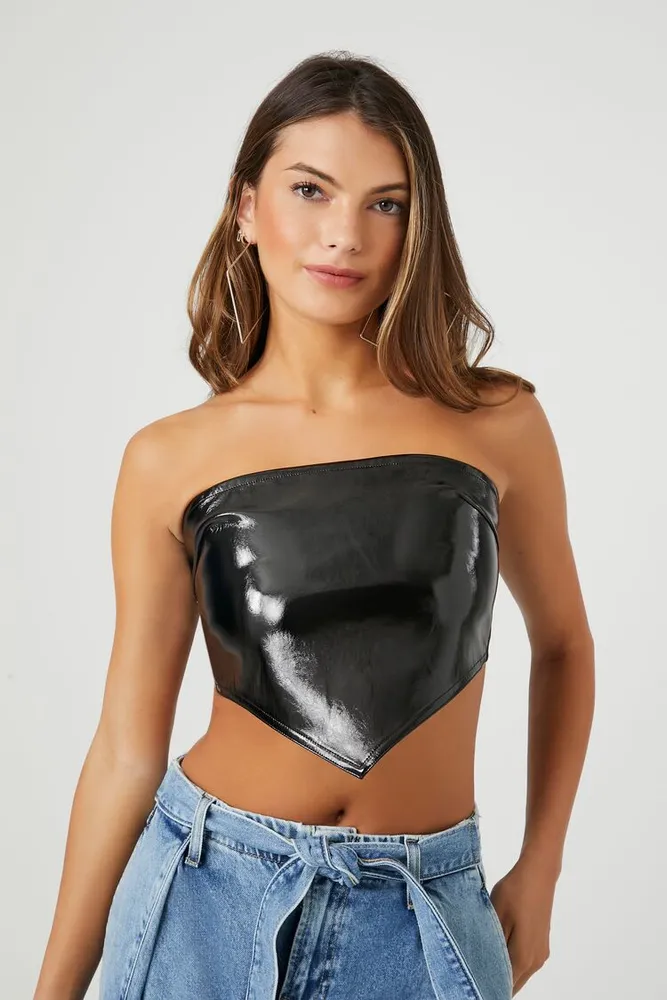 Women's Faux Leather Handkerchief Tube Top in Black Large