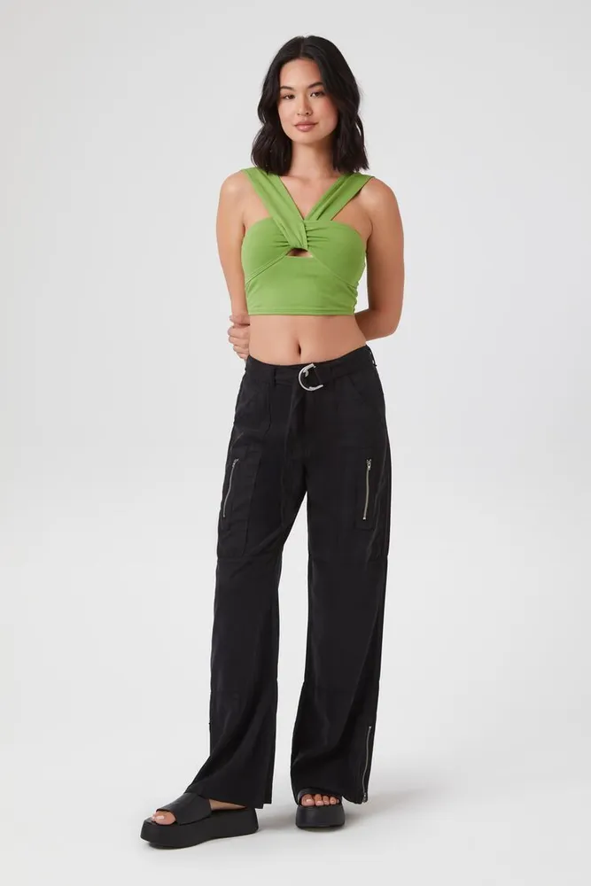 Women's Belted Straight-Leg Utility Pants in Black Small