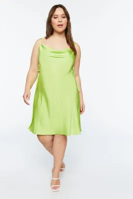 Women's Cowl Neck Satin Slip Dress in Green, 1X