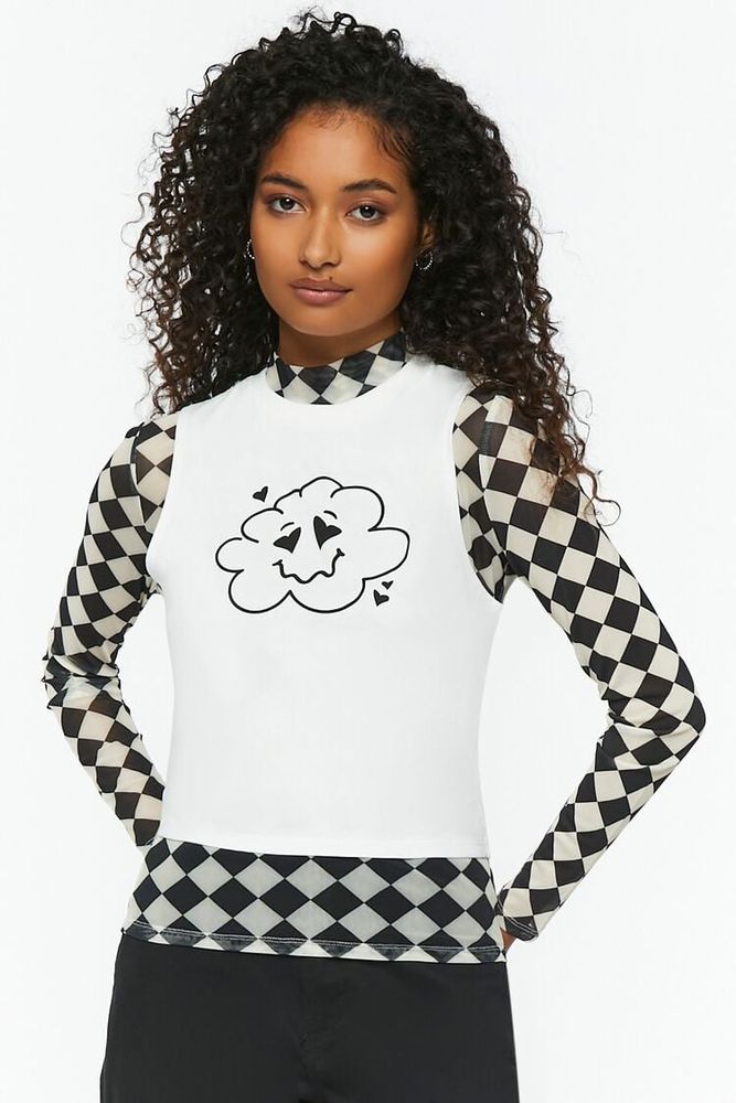 Women's Checkered Print & Cloud Graphic Combo T-Shirt in White Small