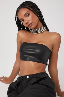 Women's Faux Leather Cropped Tube Top in Black Medium