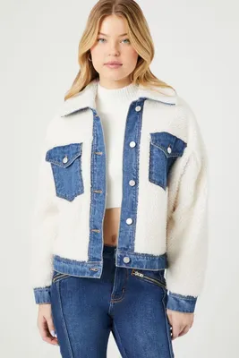 Women's Faux Shearling & Denim Trucker Jacket in White/Denim, XS