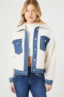 Women's Faux Shearling & Denim Trucker Jacket in White/Denim, XS