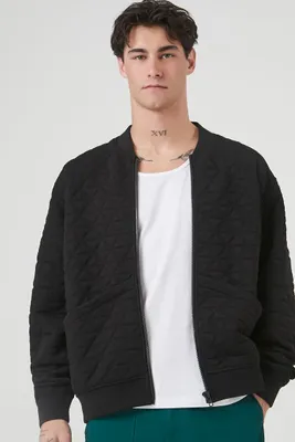 Men Quilted Zip-Up Bomber Jacket in Black Small