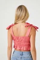 Women's Tie-Strap Bow Crop Top in Coral Pink Large